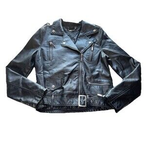 Y2K JouJou Faux Black Leather Jacket Biker Moto Women’s Size Large Ac/dc -Flaw